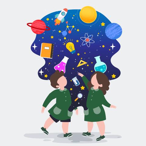 Niños explorando el espacio y la ciencia a través de diversas herramientas y símbolos.