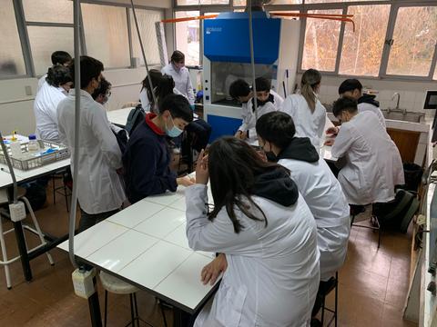 Un grupo de estudiantes trabaja en un laboratorio, todos vistiendo batas blancas y algunos usando mascarillas.
