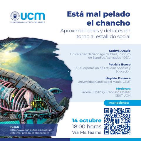 Anuncio de un evento académico sobre el estallido social en Chile, organizado por la Universidad Católica del Maule.