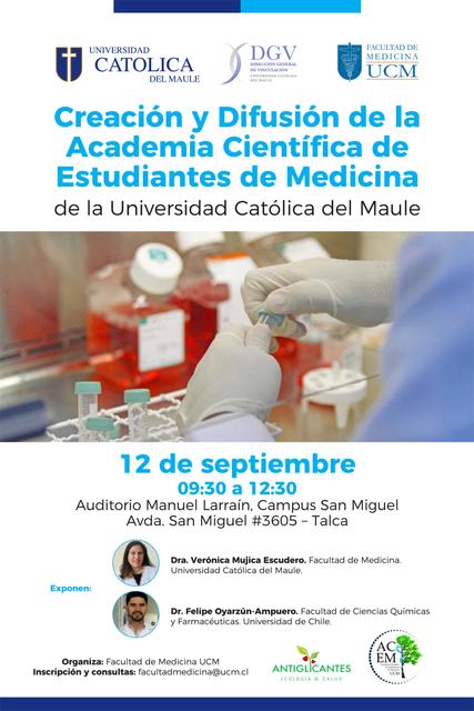 Anuncio sobre la creación de una academia científica para estudiantes de medicina de la Universidad Católica del Maule.