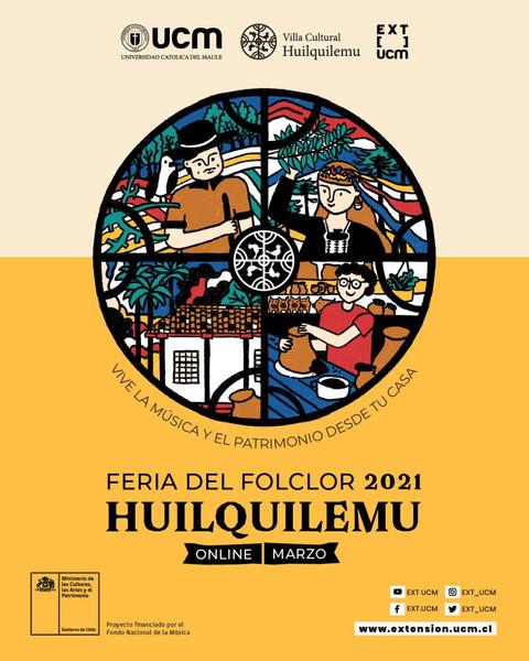 Cartel promocional de la Feria del Folclor 2021 en Huilquilemu, destacando la música y el patrimonio cultural.