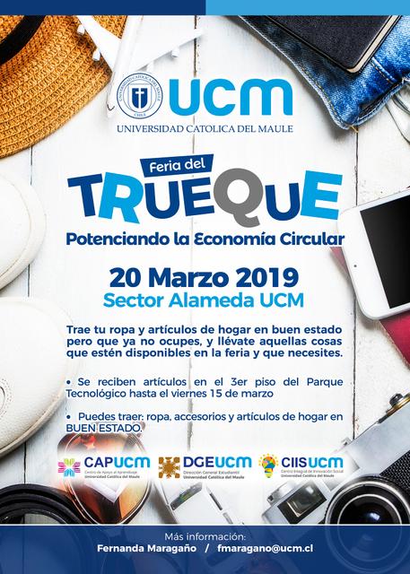 Cartel que anuncia una feria de trueque organizada por la Universidad Católica del Maule, promoviendo la economía circular.