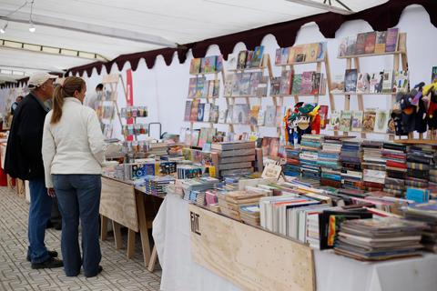 Una pareja observa diversos libros y materiales en un mercado al aire libre.