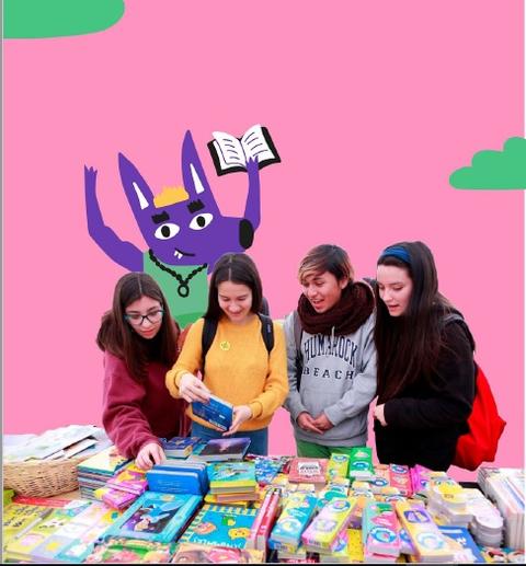 Un grupo de adolescentes revisa libros en un mercado, con un fondo colorido y un personaje de dibujos animados que sostiene un libro.