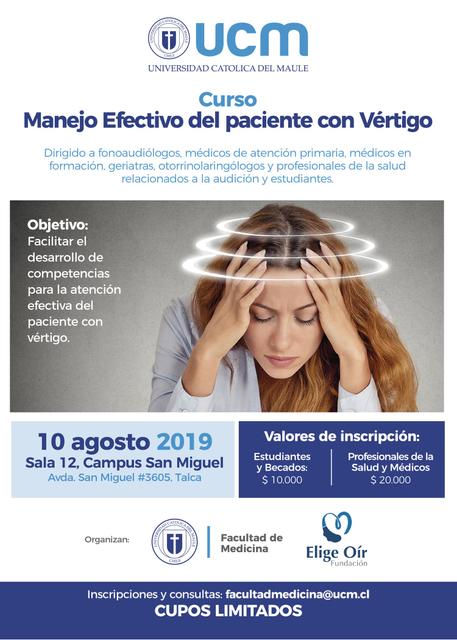 Cartel informativo sobre un curso de manejo efectivo del paciente con vértigo.