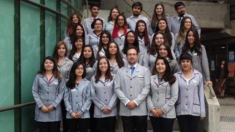 Un grupo de profesionales posando en una escalera, vistiendo uniformes grises.