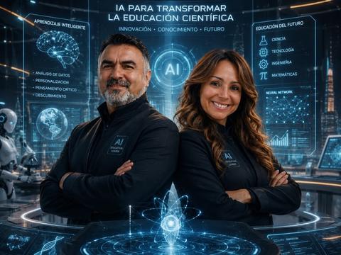 Profesionales chilenos que representan la fusión de inteligencia artificial y educación científica.
