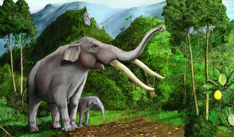 Un elefante grande y un elefante pequeño en un paisaje verde con montañas al fondo.