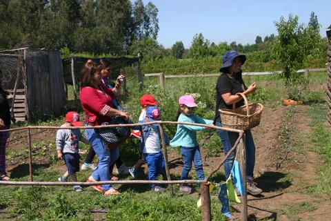 Un grupo de personas camina por un campo, acompañados de niños que llevan gorras rojas y azules.