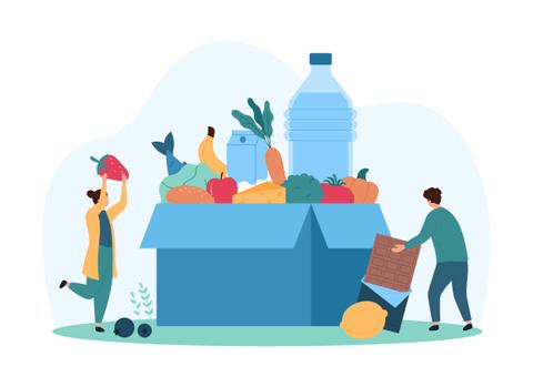 Personas recolectando alimentos saludables desde una caja grande.