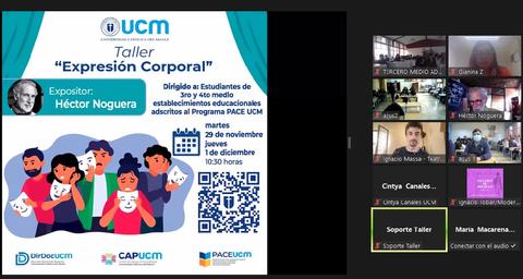 Cartel informativo sobre un taller de expresión corporal dirigido a estudiantes de educación media.