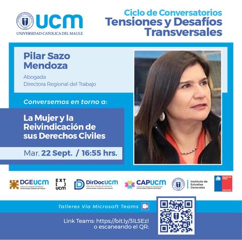 Anuncio de un ciclo de conversatorios sobre derechos civiles de la mujer encabezado por Pilar Sazo Mendoza.