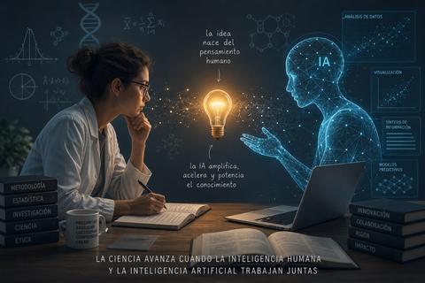 La imagen muestra a una científica reflexionando sobre la interacción entre la inteligencia humana y artificial.
