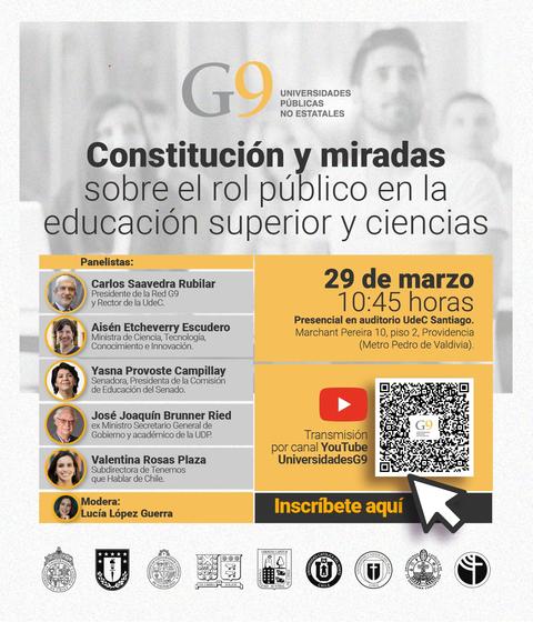Anuncio de un evento sobre el rol público en la educación superior y ciencias con varios panelistas y detalles de la transmisión.