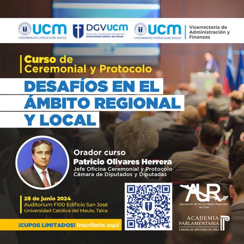 Una imagen promocional de un curso sobre ceremonial y protocolo que se llevará a cabo en la Universidad Católica del Maule.