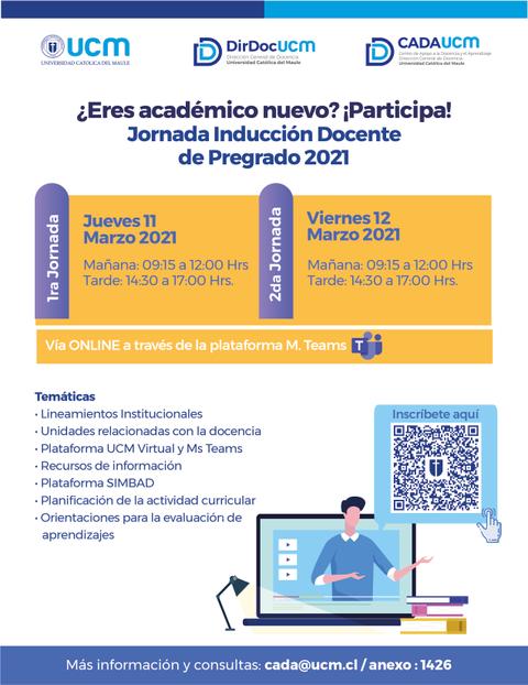 Anuncio sobre la jornada de inducción docente para académicos nuevos en 2021 en UCM.