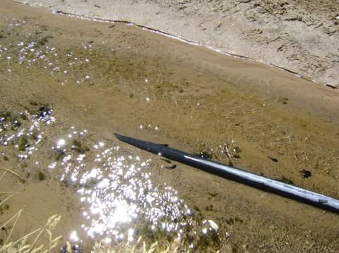 La imagen muestra un arroyo poco profundo con agua brillante y un objeto metálico sumergido en él.