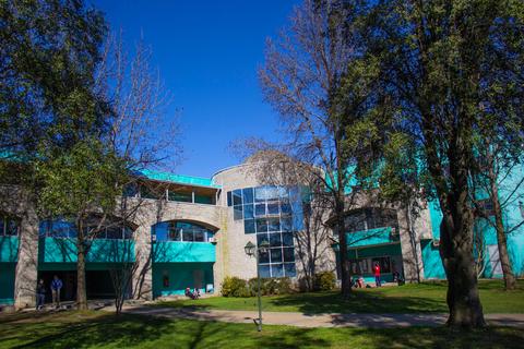 Edificio moderno rodeado de árboles y césped en un día soleado.