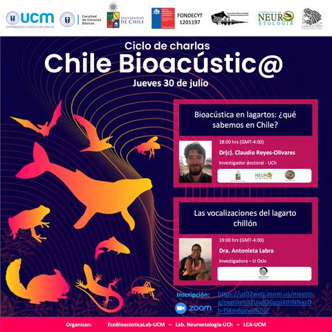 Un cartel informativo sobre un ciclo de charlas de bioacústica en Chile, con detalles de los oradores y horarios.
