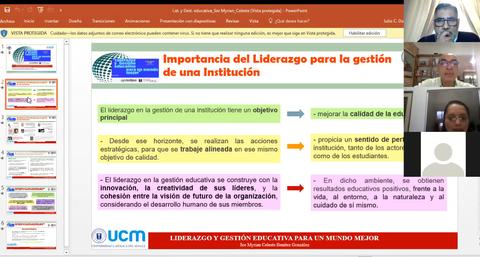 La imagen muestra una presentación sobre la importancia del liderazgo en la gestión de instituciones educativas.