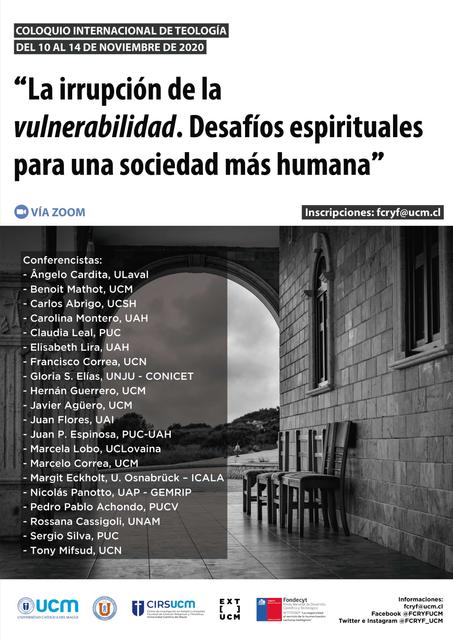 Un cartel que anuncia un coloquio internacional de teología sobre la vulnerabilidad en la sociedad, con detalles sobre los conferencistas y fechas.