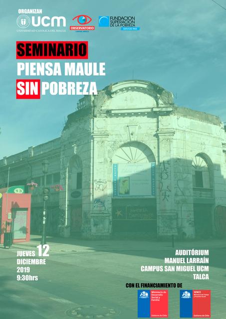 El cartel anuncia un seminario en Talca, Chile, sobre el desarrollo sostenible y la erradicación de la pobreza.