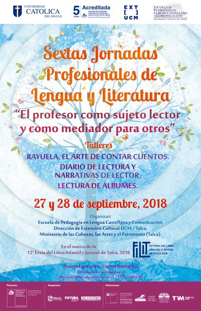 Cartel de las Sextas Jornadas Profesionales de Lengua y Literatura con detalles sobre los talleres y fechas del evento.