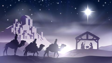 Una representación artística de la llegada de los Reyes Magos bajo un cielo estrellado.
