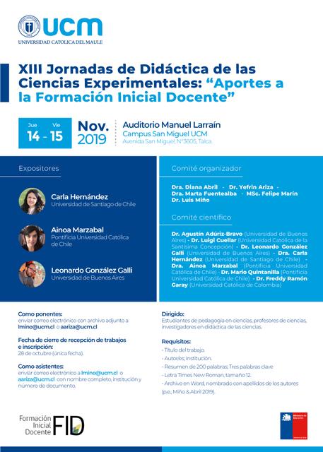 Cartel que muestra información sobre las XIII Jornadas de Didáctica de las Ciencias Experimentales en la Universidad Católica del Maule.