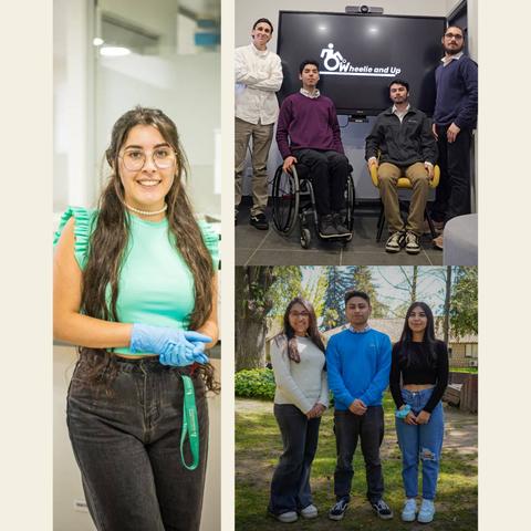 Un grupo de jóvenes posando en un entorno académico y al aire libre, mostrando su participación en un proyecto llamado Wheelie and Up.
