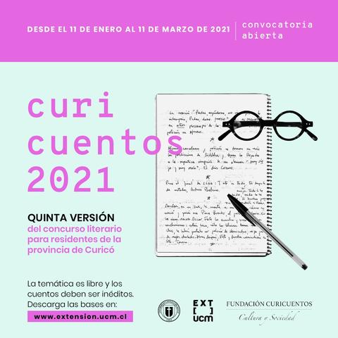 El cartel del concurso literario 'Curicuentos 2021' invita a los residentes de la provincia de Curicó a participar.