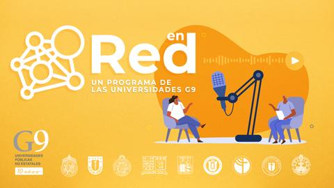 La imagen muestra a dos personas conversando junto a un micrófono en un entorno que promueve un programa de las universidades G9.