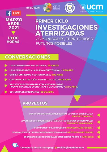 Cartel informativo sobre un ciclo de investigaciones titulado 'Investigaciones Aterrizadas' enfocado en comunidades, territorios y futuros posibles.