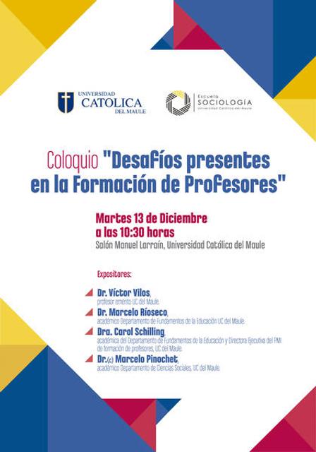El cartel anuncia un coloquio sobre los desafíos en la formación de profesores en la Universidad Católica del Maule.