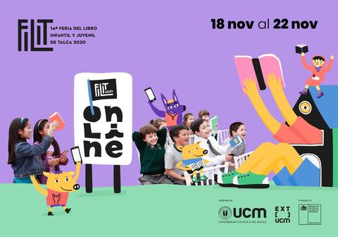 La imagen promociona la Feria del Libro Infantil y Juvenil de Talca 2020, mostrando a niños y personajes animados disfrutando de la lectura en un entorno colorido.