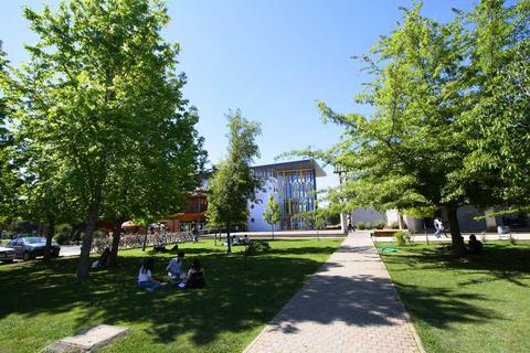 Una plaza verde con árboles y personas sentadas en el césped frente a un edificio moderno.