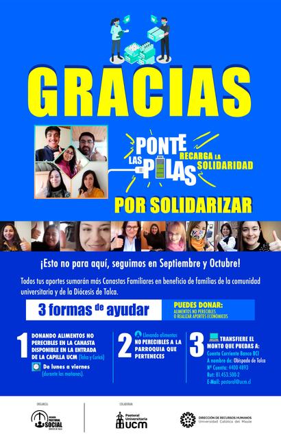 Cartel agradeciendo la participación en una campaña de solidaridad y ofreciendo formas de ayudar.