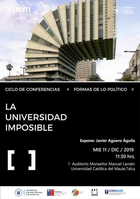 La imagen muestra un cartel de una conferencia titulada 'La Universidad Imposible', con detalles sobre el expositor y la fecha del evento.