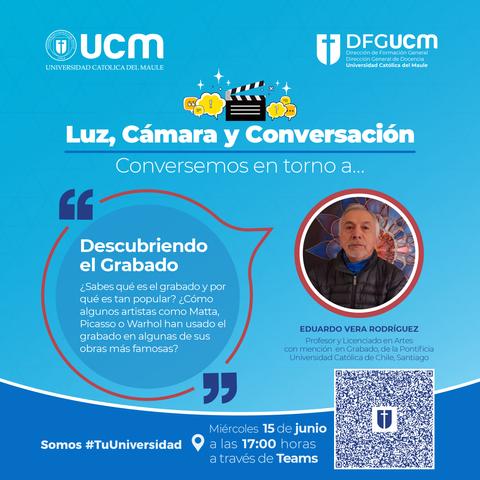 Una promoción de un evento sobre el grabado en la Universidad Católica del Maule.