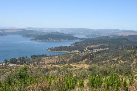 Una hermosa vista del lago rodeado de cerros y vegetación en un día despejado.