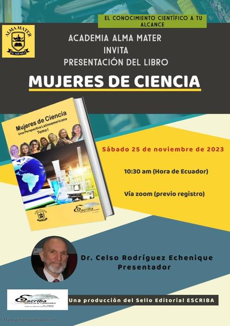 Invitación a la presentación del libro 'Mujeres de Ciencia' organizada por la Academia Alma Mater.
