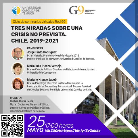 Imagen que promociona un ciclo de seminarios virtuales sobre una crisis no prevista en Chile, con información sobre los panelistas y el moderador.