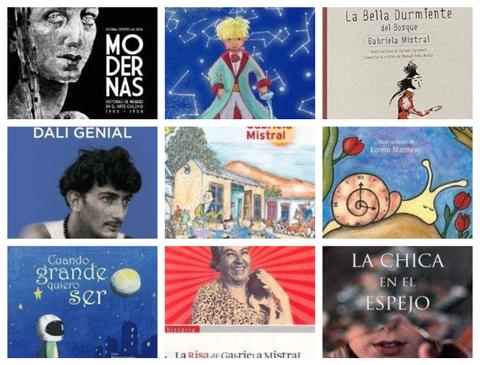 Una collage de portadas de libros y obras de arte relacionadas con Gabriela Mistral y Salvador Dalí.