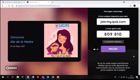 Pantalla de inicio para un concurso del Día de la Madre con un diseño colorido y texto de invitación.