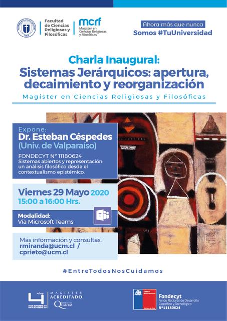 Anuncio de una charla inaugural sobre sistemas jerárquicos organizada por la Facultad de Ciencias Religiosas y Filosóficas.