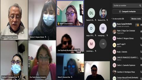 Una reunión virtual con varias personas en pantallas, algunas de ellas usando mascarillas.