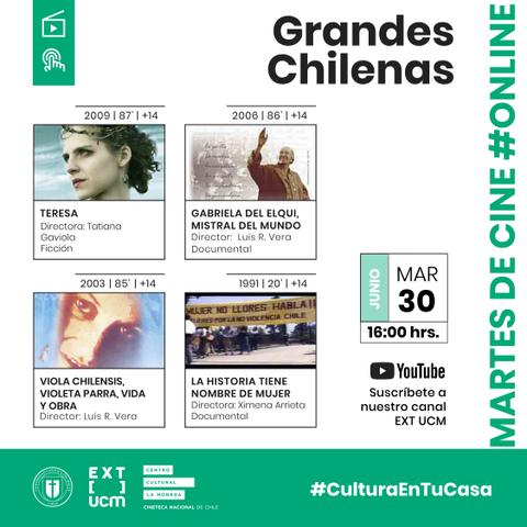 Cartel promocional de una serie de películas chilenas destacadas con sus respectivas fechas y directores.