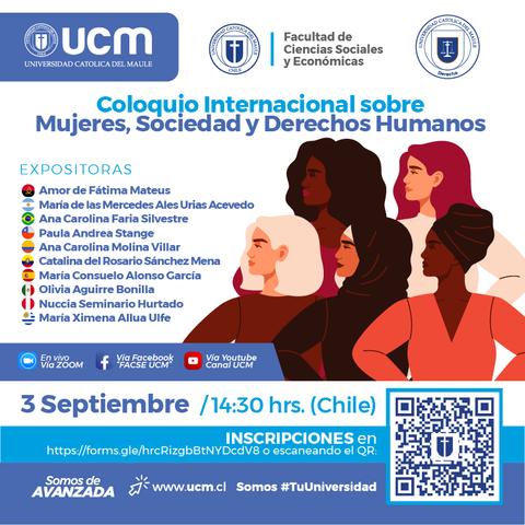 El cartel promociona un coloquio internacional sobre mujeres, sociedad y derechos humanos organizado por la Universidad Católica del Maule.