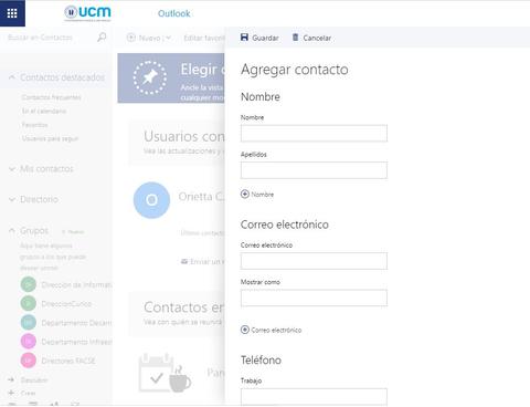 Interfaz de usuario para agregar un contacto en Outlook.