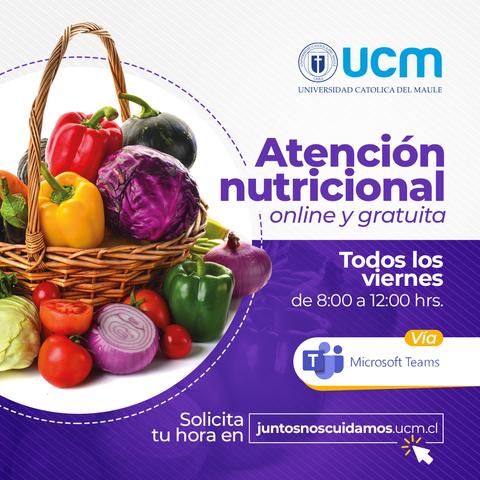 La imagen promociona un servicio de atención nutricional online y gratuita de la Universidad Católica del Maule.